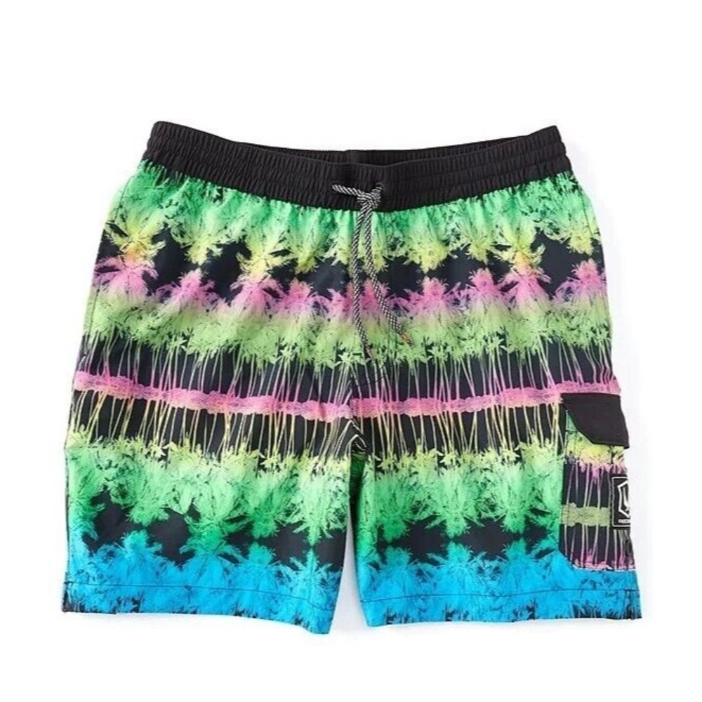 Redsand Swim Trunks 7" Inseam Palm Print Cargo Pocket - Men's M, Black / Multi
